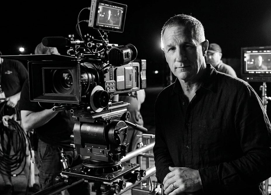 Daniel J Lennox on set beside a cinema camera.