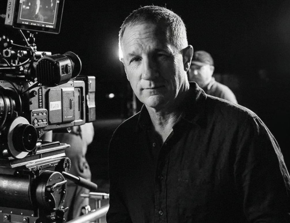 Daniel J Lennox on set at night, lit beside a cinema camera rig.