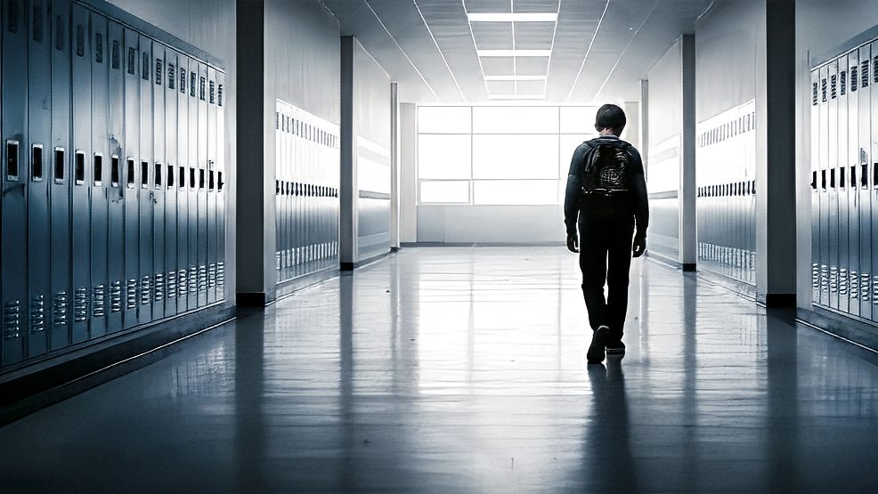 A lone student walks down a school hallway.